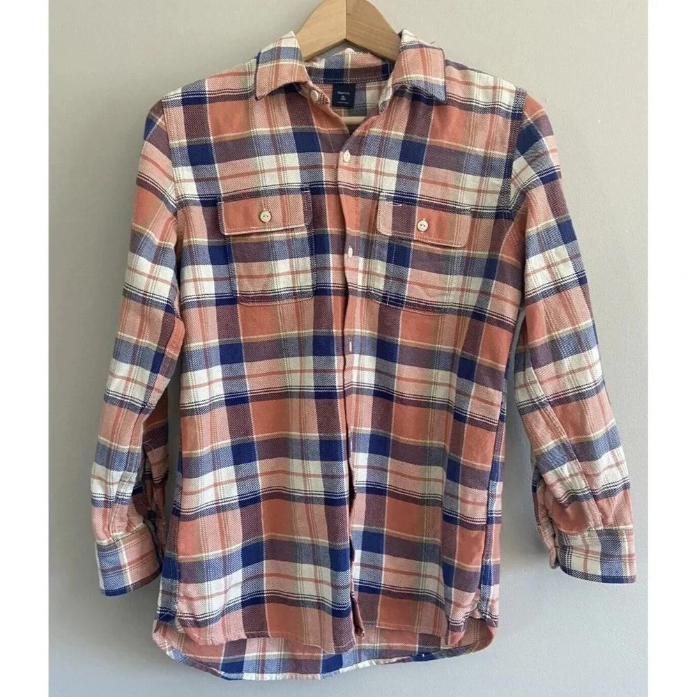Gap Flannel Shirt Blue Cream Coral Plaid Size XL 12